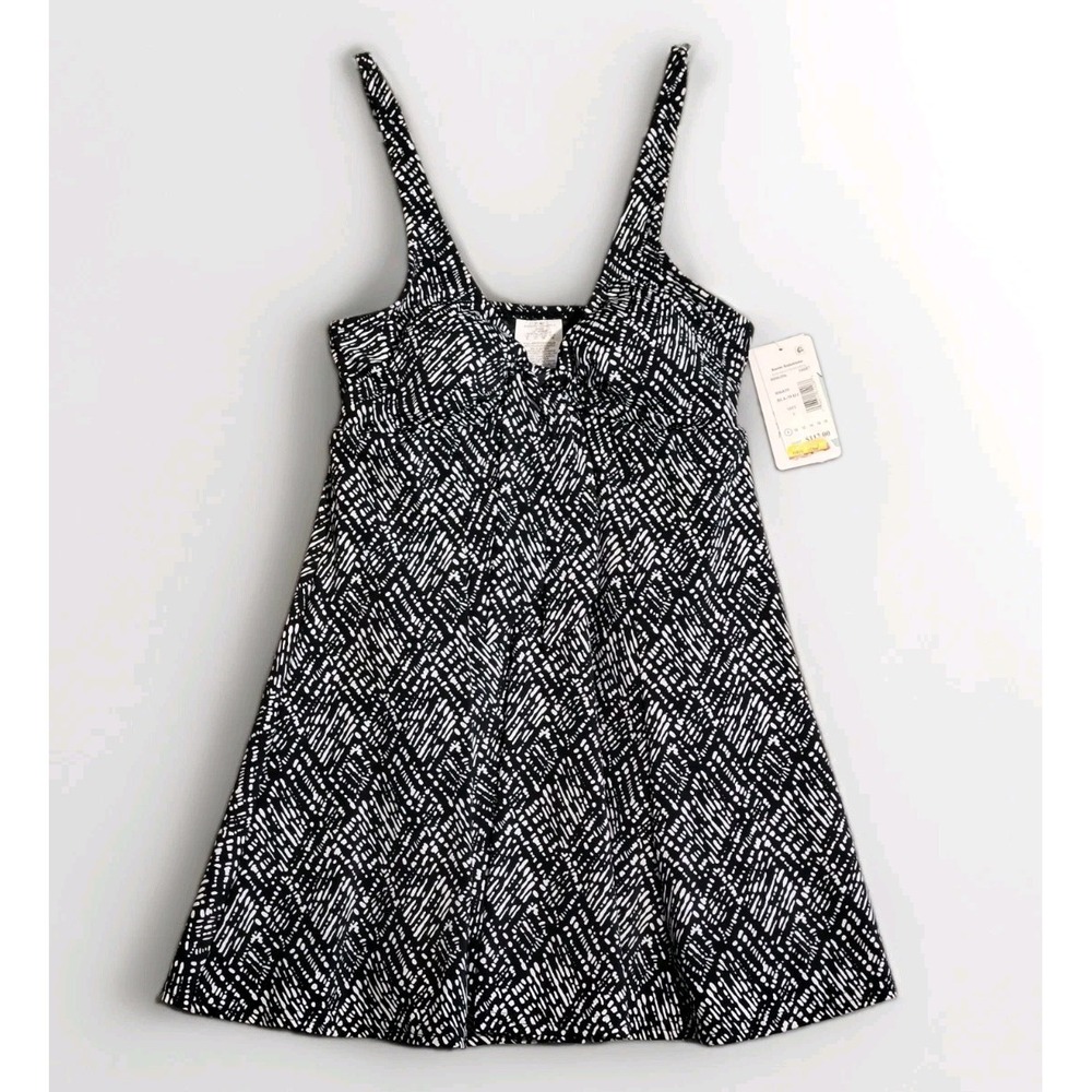 Swim Solutions Womens Front Bow Swimdress Black/White Abstract Design Sz 8